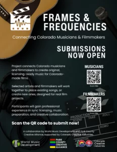 Frames & Frequencies is a collaborative music-to-film licensing initiative by World Music Development and Park County Creative Alliance, funded by Colorado Creative Industries.